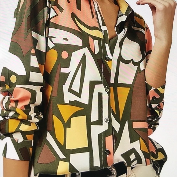 Big Dart Womens Button Down Shirt Long Sleeve Retro Abstract Color Block Funky M - Picture 3 of 14